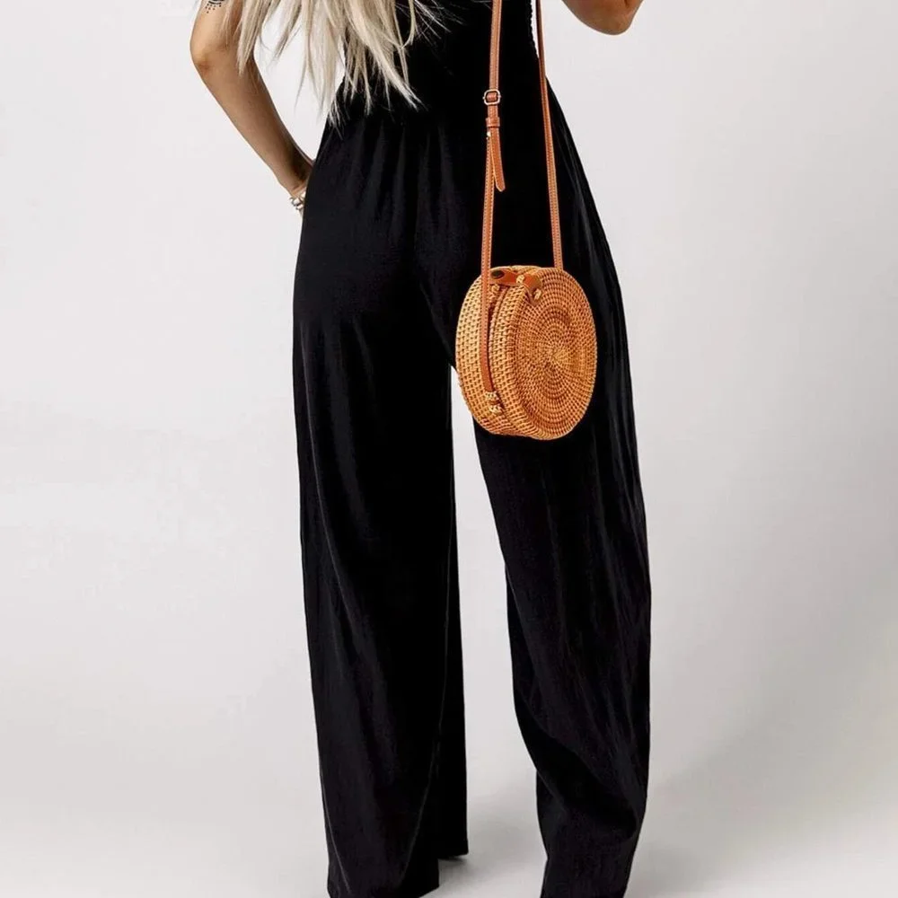 Black Casual Womens Solid Slant Pocket Cami Wide Leg Jumpsuit - Picture 2 of 5